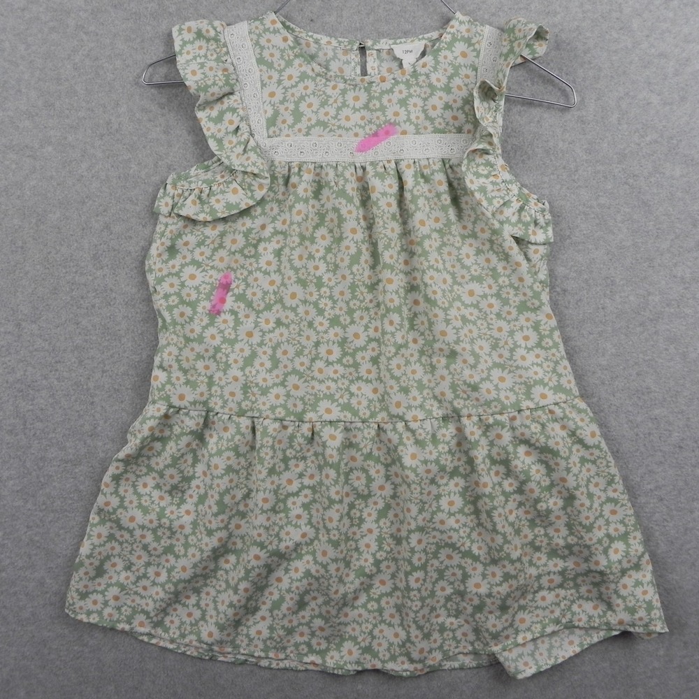 12PM Dress Girls Large 8Y-9Y Mon Ami Green‎ White Daisy Floral Ruffle Sleeveless